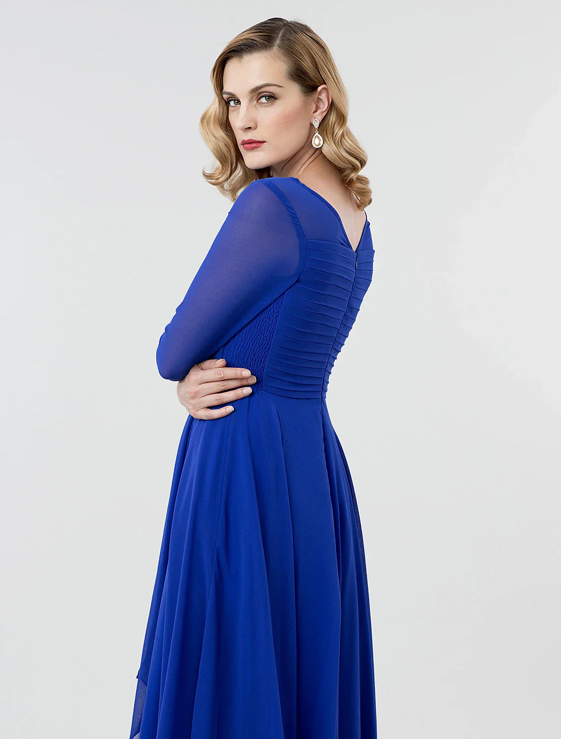 A-Line Elegant Formal Evening Wedding Party Dress Boat Neck 3/4 Length Sleeve Tea Length Georgette with Ruched Crystal Brooch