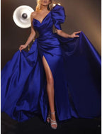A-Line Evening Gown Elegant Dress Formal Sweep / Brush Train Short Sleeve One Shoulder Satin with Pleats Ruched