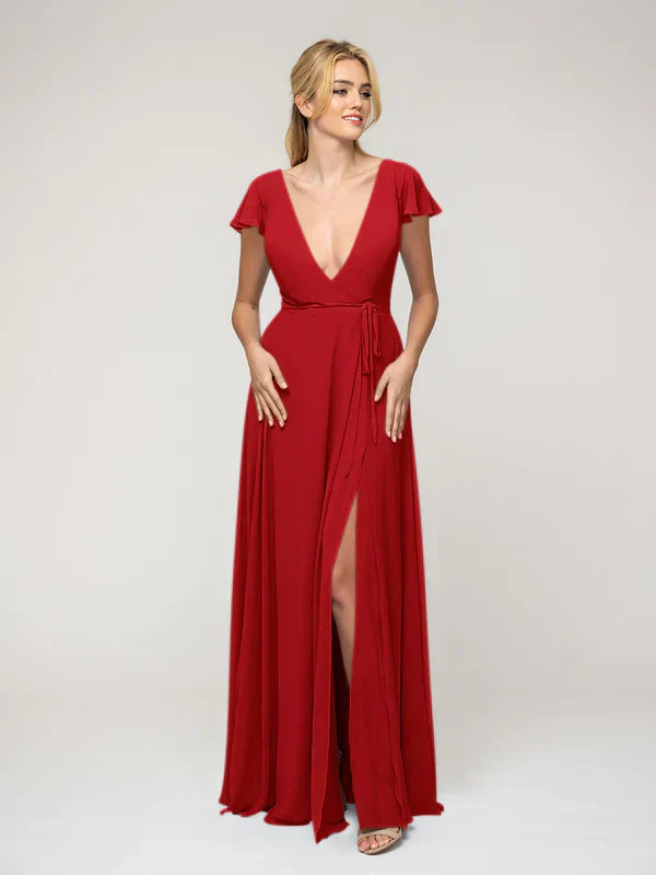 Ruffle Sleeve V Neck Slit Bridesmaid Dresses For Wedding Ceremony Elegant Flattering Fit