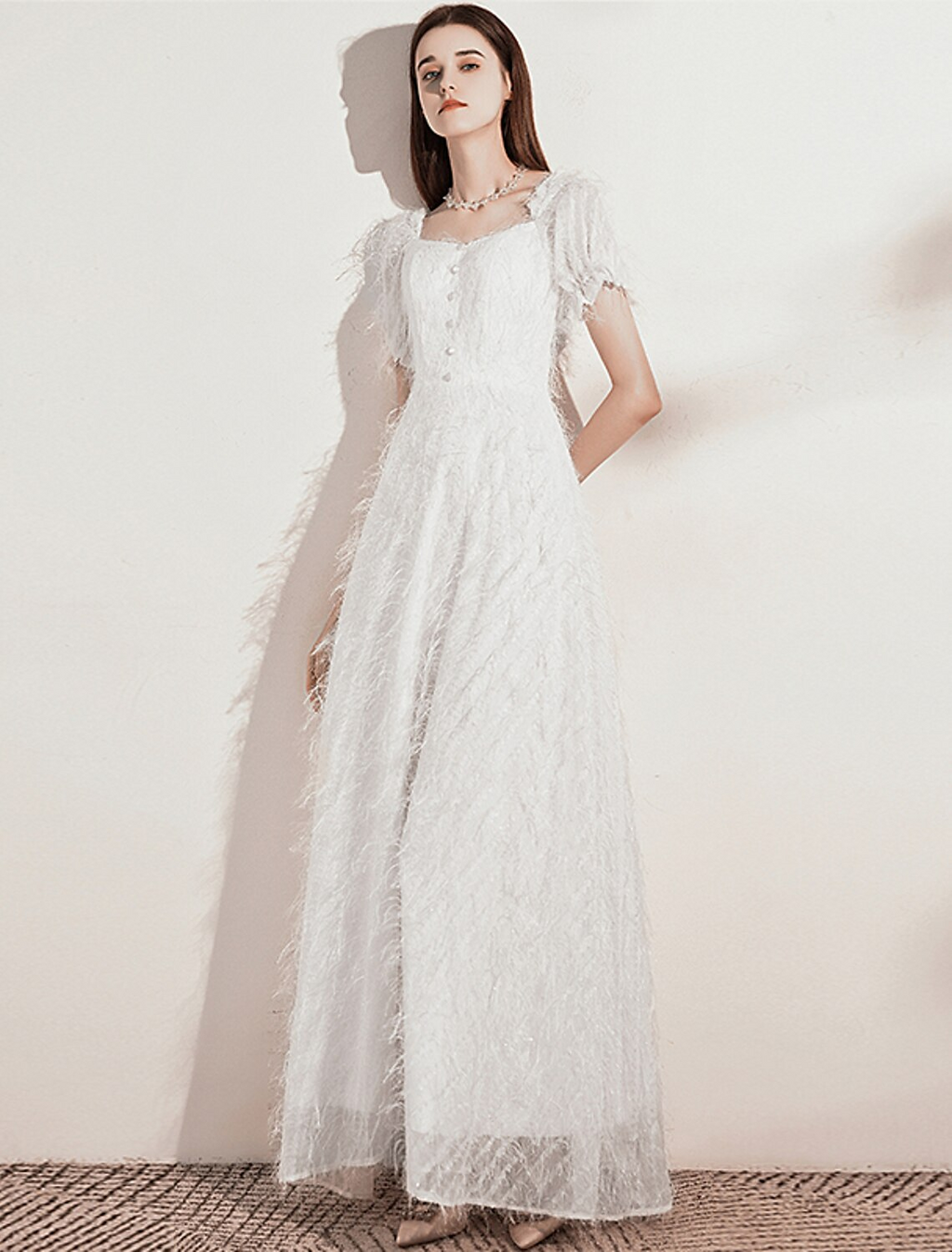 A-Line Evening Gown Dress Wedding Guest Floor Length Short Sleeve Scoop Neck Tulle with Buttons