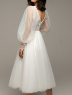 Vintage Little White Dresses Wedding Dresses Tea Length A-Line Long Sleeve V Neck Satin With Applique