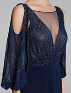 Mother of the Bride Dress Sparkle Shine Boat Neck Floor Length Chiffon Jersey Long Sleeve No with Beading Ruching