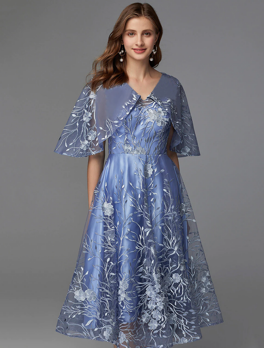 A-Line Floral Dress Wedding Guest Sleeveless V Neck Lace V Back with Pattern Print Appliques