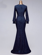 Evening Gown Elegant Dress Wedding Guest Floor Length Long Sleeve V Neck Tulle with Sequin Slit