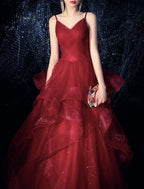A-Line Sparkle Elegant Sparkle & Shine Engagement Formal Evening Dress Spaghetti Strap Sleeveless Floor Length Tulle with Tier