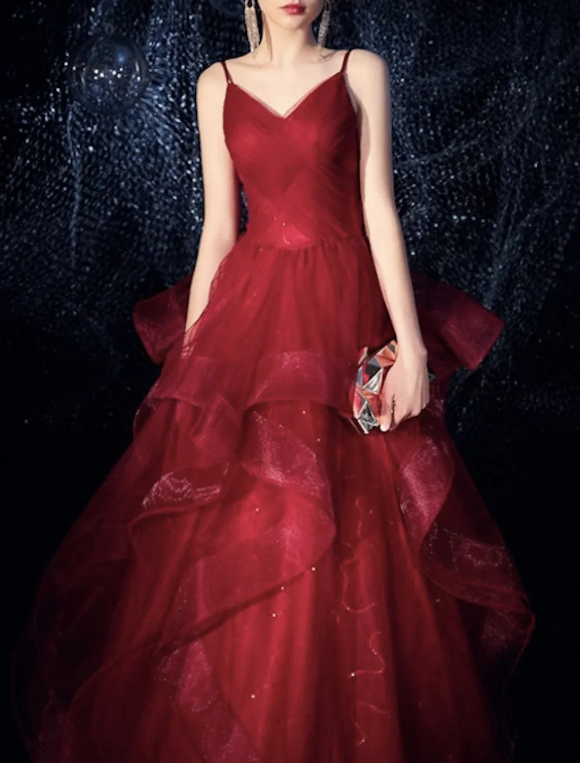 A-Line Sparkle Elegant Sparkle & Shine Engagement Formal Evening Dress Spaghetti Strap Sleeveless Floor Length Tulle with Tier