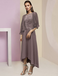 Two Piece A-Line Mother of the Bride Dress Formal Wedding Guest Party Elegant Scoop Neck Asymmetrical Chiffon Lace Sleeve Wrap Included with Beading Appliques