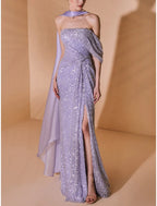 A-Line Evening Gown Elegant Dress Formal Sweep / Brush Train Sleeveless Strapless Sequined with Glitter Pleats