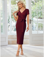 Wedding Guest Dresses Dress Party Wear Length Short Sleeve V Neck Stretch Fabric with Slit Strappy