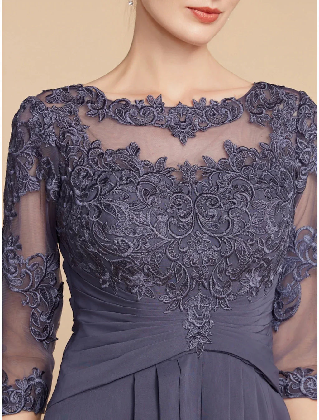 A-Line Mother of the Bride Dress Wedding Guest Elegant Scoop Neck Ankle Length Chiffon Lace 3/4 Length Sleeve with Ruching