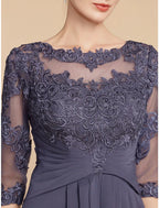 A-Line Mother of the Bride Dress Wedding Guest Elegant Scoop Neck Ankle Length Chiffon Lace 3/4 Length Sleeve with Ruching