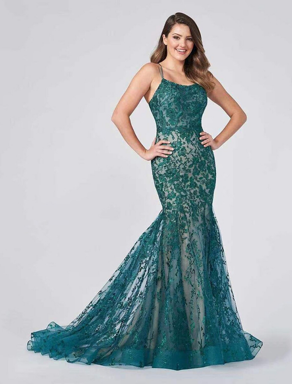 Evening Gown Color Block Dress Formal Court Train Sleeveless Strap Lace Backless with Appliques