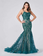 Evening Gown Color Block Dress Formal Court Train Sleeveless Strap Lace Backless with Appliques