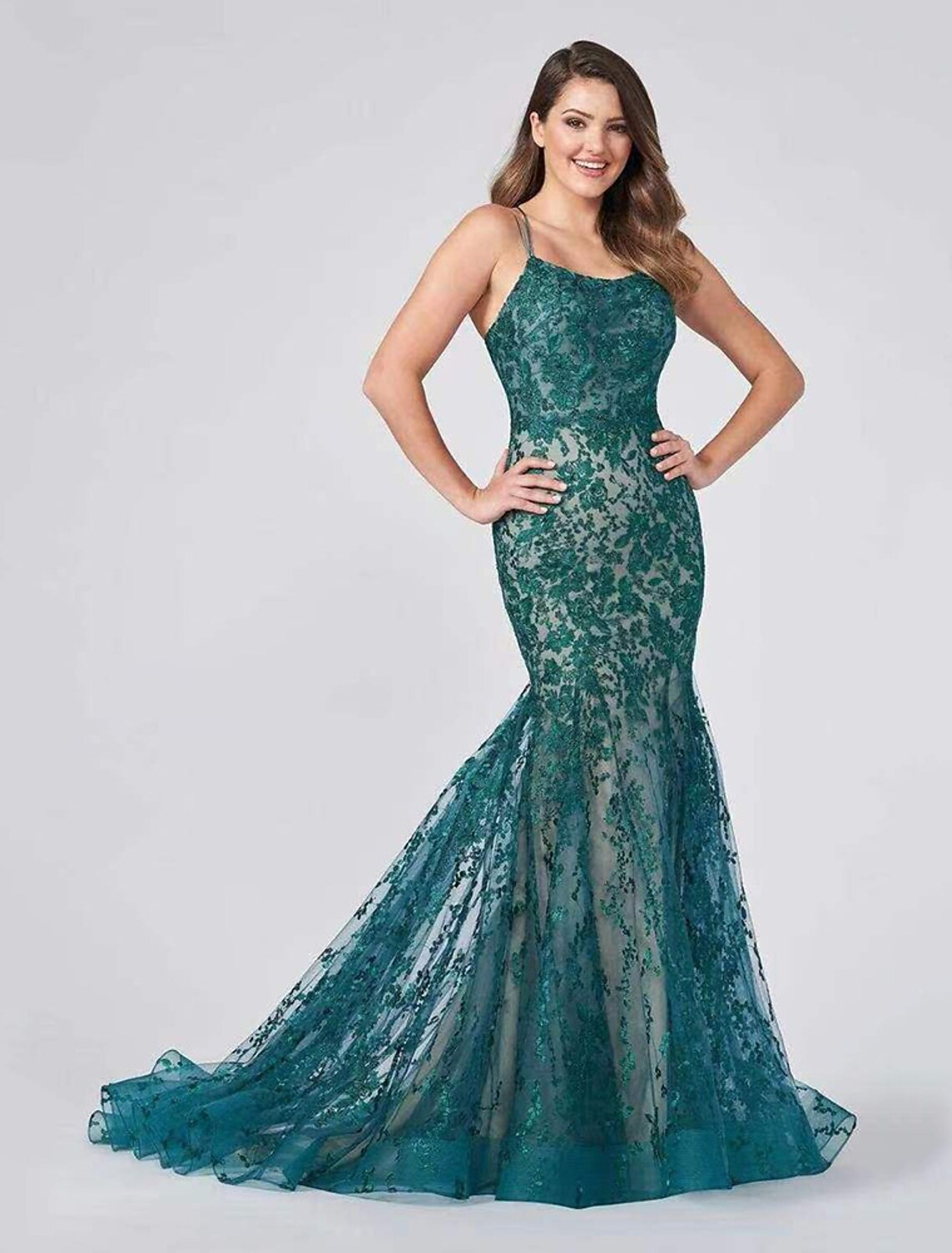 Evening Gown Color Block Dress Formal Court Train Sleeveless Strap Lace Backless with Appliques