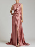 Mermaid / Trumpet Evening Gown Elegant Dress Formal Christmas Court Train Sleeveless Cowl Neck Satin with Ruched Slit