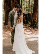 Beach Open Back Wedding Dresses  A-Line Long Sleeve  Lace With Pleats Appliques
