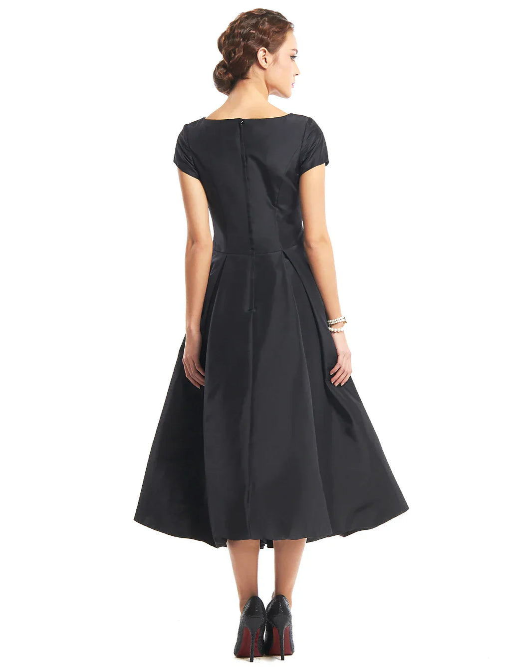 A-Line Vintage Dress Homecoming Wedding Guest Tea Length Short Sleeve Boat Neck Taffeta with Buttons