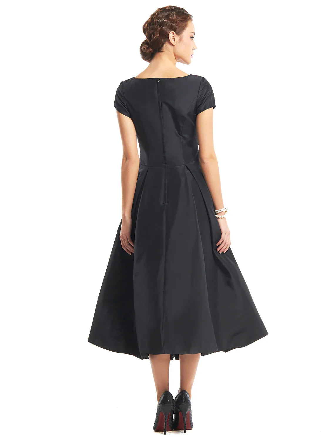 A-Line Vintage Dress Homecoming Wedding Guest Tea Length Short Sleeve Boat Neck Taffeta with Buttons