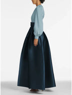 A-Line Formal Satin Pocket Christmas Red Green Dress Long Sleeve Blue Evening Gown High Split Wedding Guest Dress Fall Wedding Floor Length Color Contrast V Neck Belt / Sash Navy with Pleats Slit