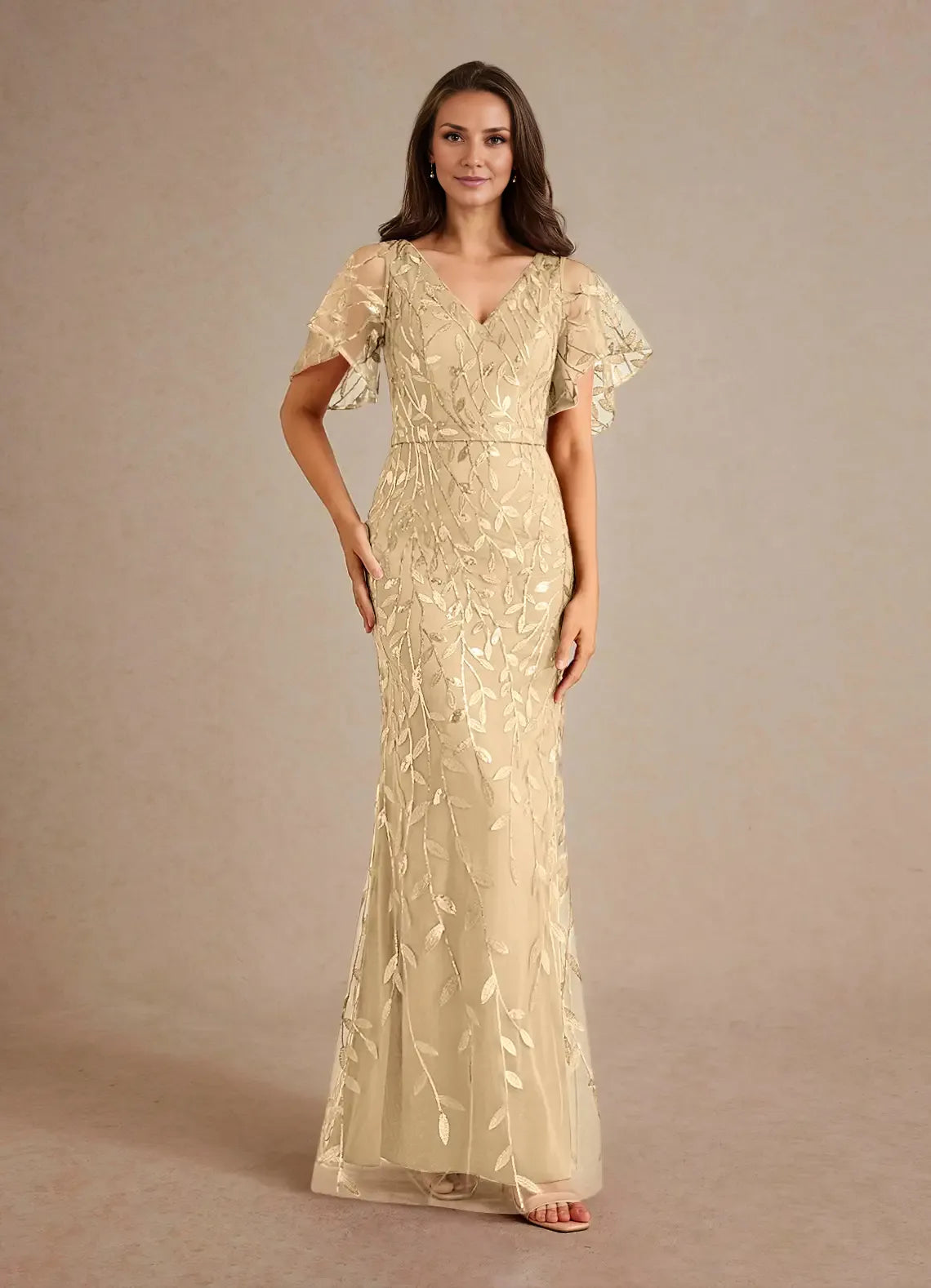 Dress Champagne Sheath Sequins Mother of the Groom Dresses Elegant V-Neck Flutter Sleeves Evening Dress