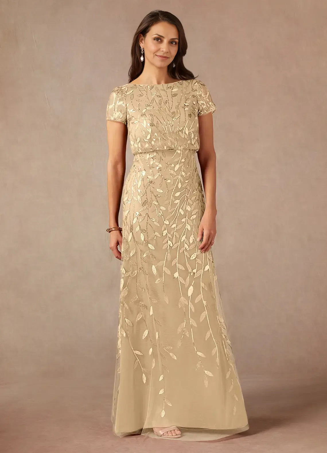 Navy Dress Dark A-Line Sequins Maxi Dress Elegant Boat Neck Short Sleeves Back Zip Mother of the Bride Dress