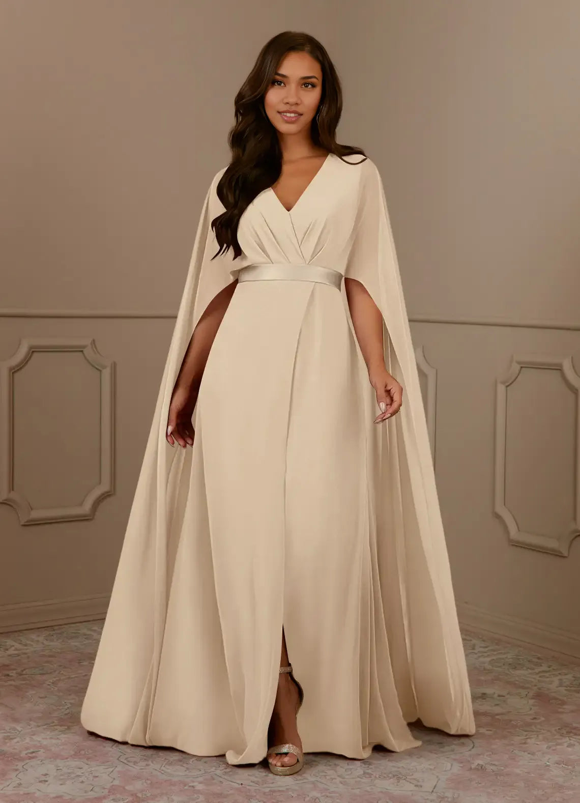 Navy Dress Dark V-Neck Pleated A-Line Mother Of The Bride Evening Dress Minimalist Cape Sleeve Back Zip Plus Size Mother Of The Bride Dress