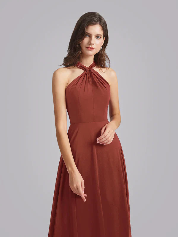 Halter Neckline Chiffon A Line Bridesmaid Dress For Elegant Bridal Party In Soft Pastel Tones