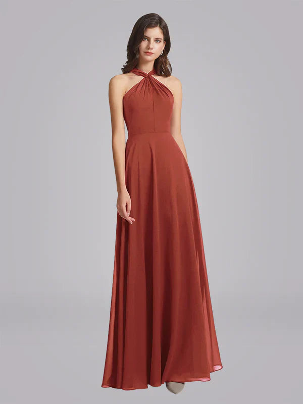 Halter Neckline Chiffon A Line Bridesmaid Dress For Elegant Bridal Party In Soft Pastel Tones