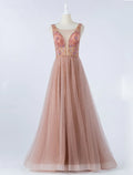 Prom Formal Evening Dress Backless Sleeveless Floor Length Tulle with Crystals Beading
