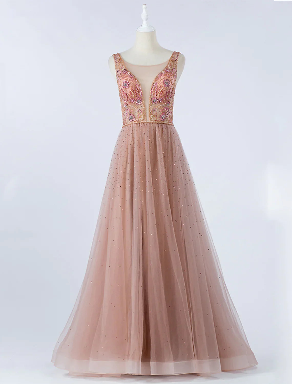 Prom Formal Evening Dress Backless Sleeveless Floor Length Tulle with Crystals Beading