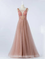 A-Line Luxurious Prom Formal Evening Dress Backless Sleeveless Floor Length Tulle with Crystals Beading