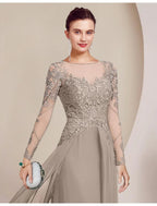 Sheath / Column Mother of the Bride Dress Formal Wedding Guest Elegant Scoop Neck Floor Length Chiffon Lace Long Sleeve with Beading Appliques