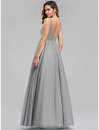 A-Line Holiday Prom Dress V Neck V Back Sleeveless Floor Length Chiffon Appliques