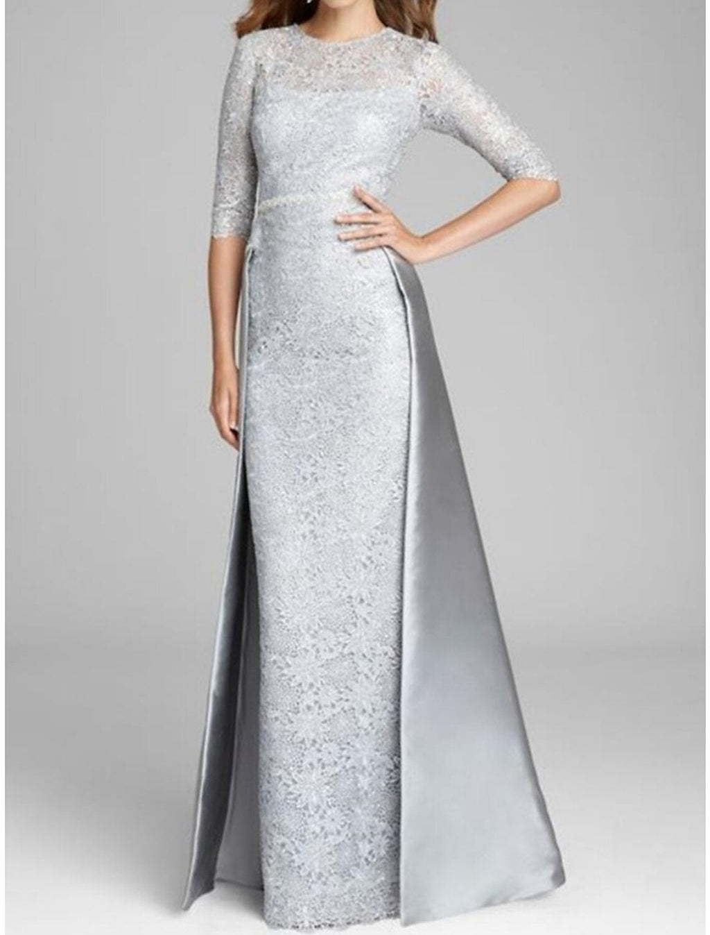 Sheath / Column Mother of the Bride Dress Wedding Guest Elegant Jewel Neck Floor Length Satin Lace Half Sleeve with Ruching Solid Color
