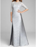 Sheath / Column Mother of the Bride Dress Wedding Guest Elegant Jewel Neck Floor Length Satin Lace Half Sleeve with Ruching Solid Color