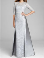 Sheath / Column Mother of the Bride Dress Wedding Guest Elegant Jewel Neck Floor Length Satin Lace Half Sleeve with Ruching Solid Color