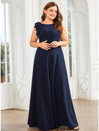 A-Line Evening Gown Plus Size Dress Formal Floor Length Sleeveless Jewel Neck Polyester with Draping Appliques