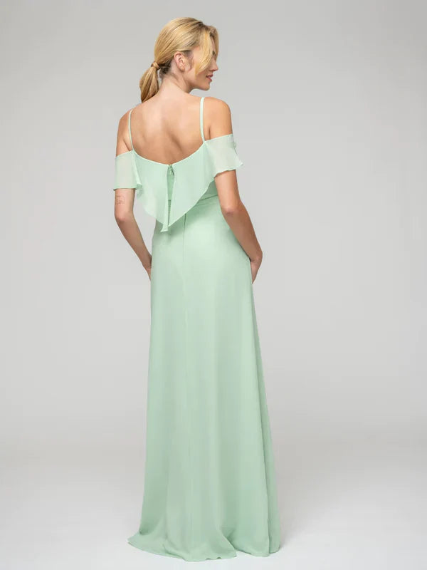 Bridesmaid Dress Open Back Chiffon Cold Shoulder Ruffles Elegant Wedding Gown For Bridesmaids