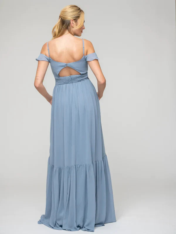 Bridesmaid Dresses Chiffon Pleated Bodice Cold Shoulder Tie Back Elegant Wedding Party