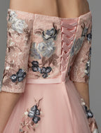 A-Line Prom Dresses Evening Party Asymmetrical Half Sleeve Off Shoulder Satin with Embroidery Appliques