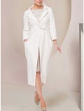 Two Piece Mother of the Bride Dress Wedding Guest Elegant Petite Scoop Neck Tea Length Stretch Chiffon Long Sleeve with Lace Bow(s)