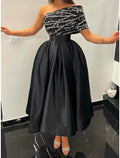 A-Line Evening Gown Elegant Dress Formal Ankle Length Black Dress Short Sleeve One Shoulder Satin with Pleats Sequin