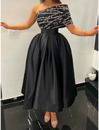 A-Line Evening Gown Elegant Dress Formal Ankle Length Black Dress Short Sleeve One Shoulder Satin with Pleats Sequin