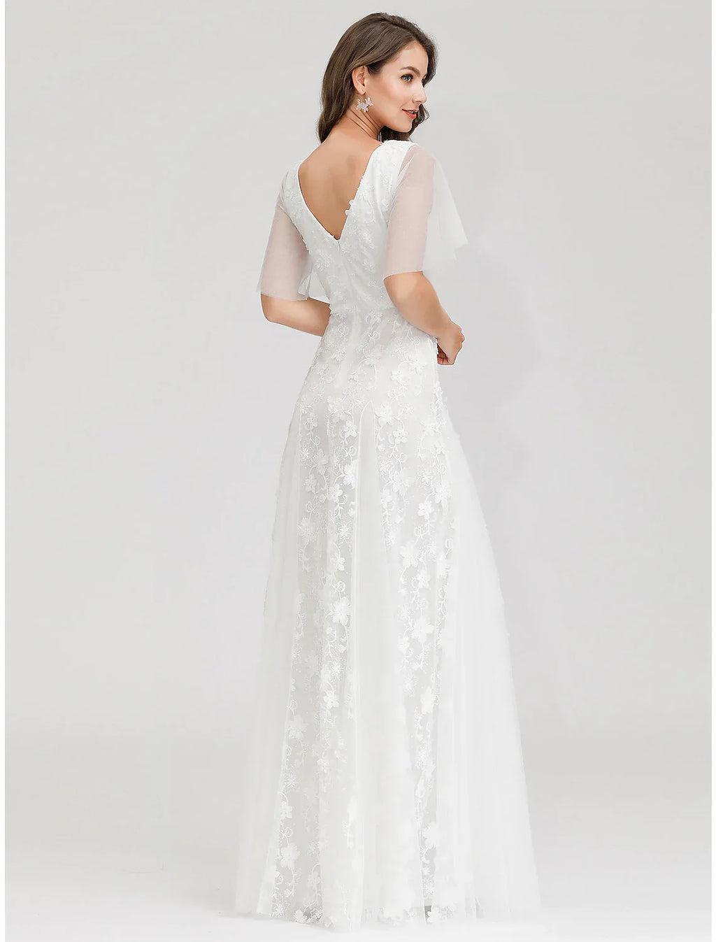 Open Back Dresses A-Line Short Sleeve V Neck Tulle Lace Appliques