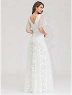 Open Back Dresses A-Line Short Sleeve V Neck Tulle Lace Appliques