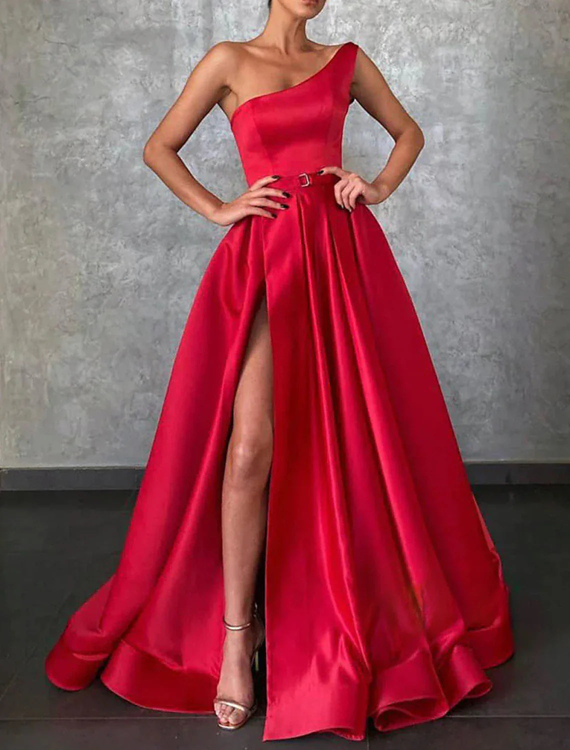 A-Line Evening Gown Celebrity Style Dress Formal Wedding Sweep / Brush Train Sleeveless One Shoulder Belt / Sash Satin with Pleats