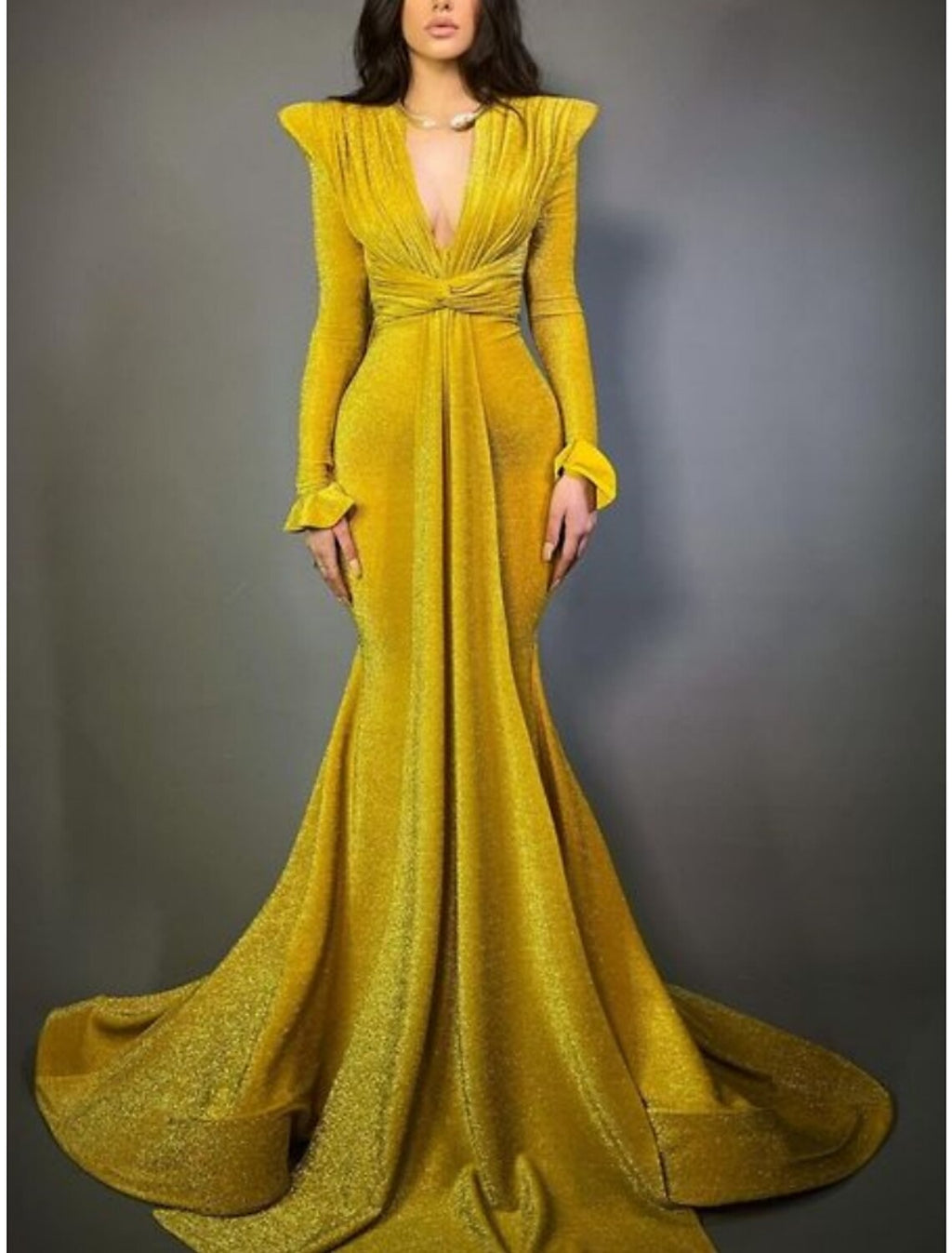 A-Line Evening Gown Elegant Dress Formal Court Train Christmas Long Sleeve V Neck Lurex Fabric with Glitter Pleats Ruched