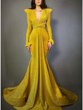 A-Line Evening Gown Elegant Dress Formal Court Train Christmas Long Sleeve V Neck Lurex Fabric with Glitter Pleats Ruched