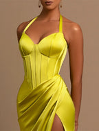 Mermaid / Trumpet Evening Gown Corsets Dress Formal Wedding Guest Floor Length Sleeveless Halter Neck Satin with Ruched