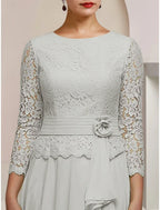 A-Line Mother of the Bride Dress Wedding Guest Elegant Jewel Neck Ankle Length Chiffon Long Sleeve with Lace Pleats Appliques